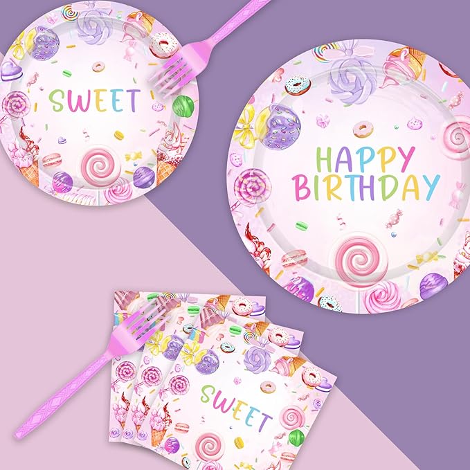 96PCS Sweets Candy Party Plates and Napkins Supplies Girls Donut Birthday Tableware Set Cupcake 1st Birthday Dessert Ice cream Party Table Decorations Favors Serves 24 Guests