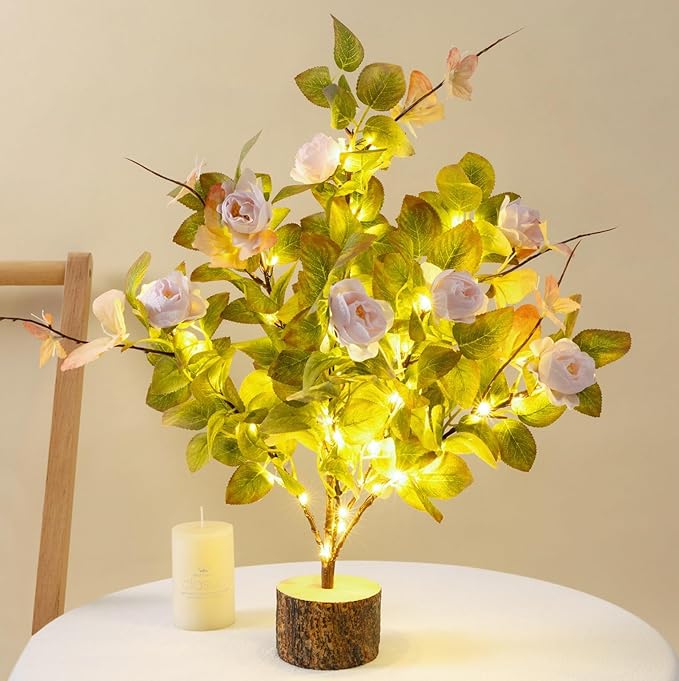 19 Inch Artificial Rose Tree Lights, Faux Silk Flower Tree with Butterfly Ivy, Prelit Tabletop Tree with Timer for Living Room Home Indoor Outdoor Decor (Pink Green)