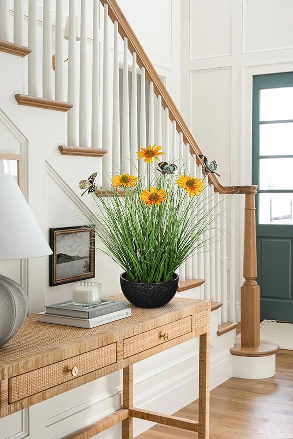 Artificial Plants Indoor with Pot, 17.3" Fake Potted Plants Artificial Onion Grass Plant with Yellow Daisies Flowers and Butterflies Small Faux Plant Indoor for Home Living Room Table Shelf Decor