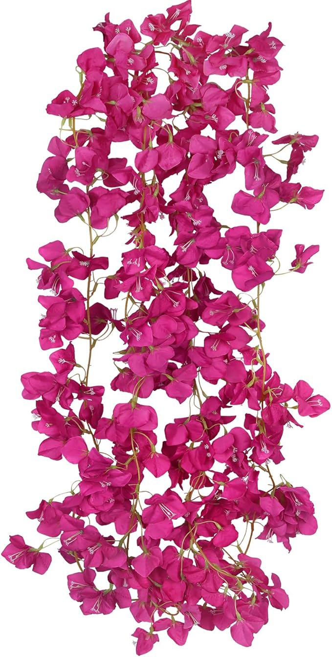 2 Pcs Artificial Bougainvillea Flowers Garland Fake Silk Bougainvilleas Vines Trailing Fuchsia Faux Hanging Flowers Plants Bougainvillea Artificial for Porch Wedding Arch Spring Summer Decor
