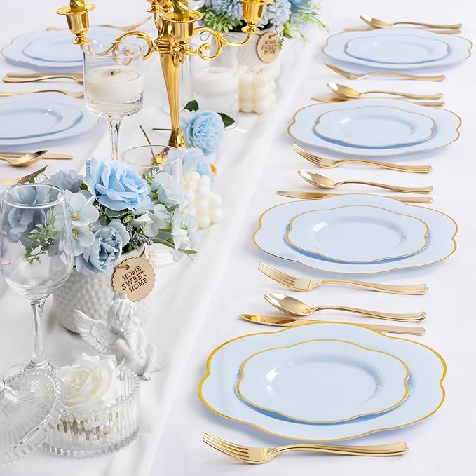 Liacere 50PCS Blue Plastic Plates - Heavy Duty Ice Blue Disposable Plates - Blue and Gold Plastic Plates Include 25PCS Blue Dinner Plates, 25PCS Blue Dessert Plates for Baby Shower Gifts