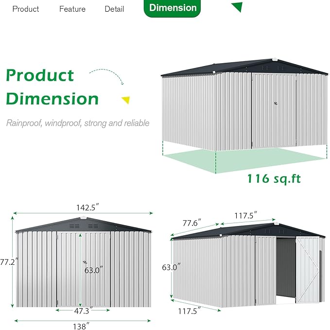 AECOJOY Shed 12' x 10' Storage Shed Large, Sheds & Outdoor Storage Clearance 10x12 Sheds with Lockable Doors, Utility and Tool Storage Shed for Garden, Backyard, Patio, Outside use in White