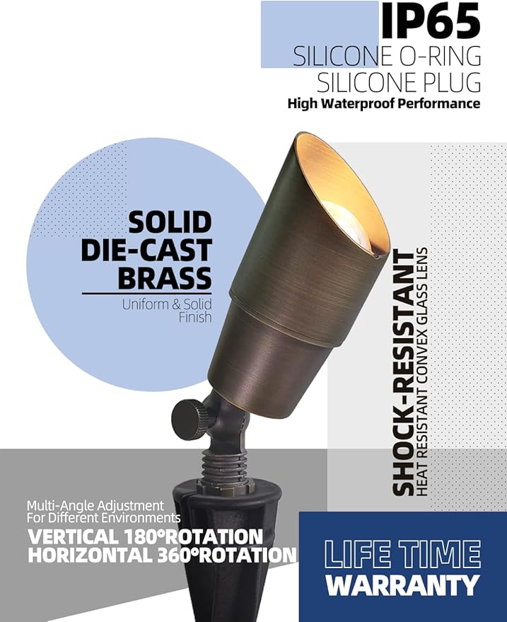 MALORY Brass Landscape Spotlight 6-Pack with Bulb(S01), Low Voltage 12V AC/DC LED Outdoor Landscape Lighting,PVC Ground Stake and Wire Connector Included, Garden Patio Trees Spot Uplight