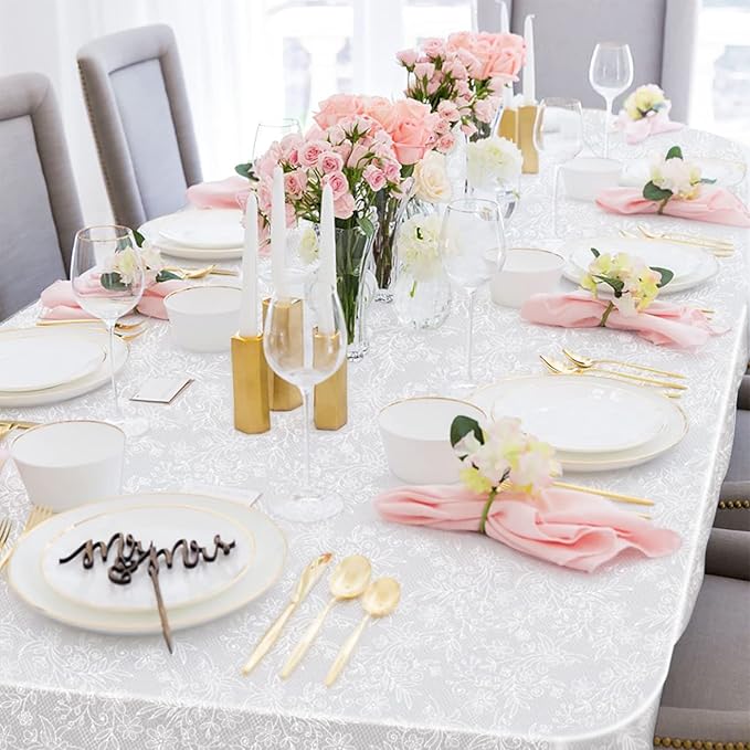 12 Pack Plastic Lace Tablecloth, White Plastic Table Cloths for Parties Disposable, 54x108 in Waterproof Rectangular Plastic Lace Camping Tablecloth for Birthday, Party, Wedding