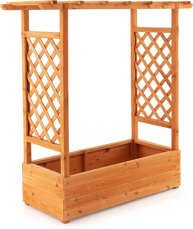 S AFSTAR Raised Garden Bed with Arch Trellis, Wood Planter Box with Hanging Roof, Side Trellis, 4 Drainage Holes, Above Ground Elevated Garden Bed for Outdoor Climbing Plants Vines Patio