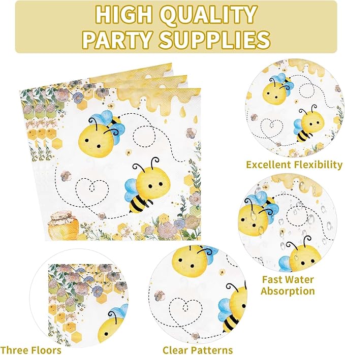 96Pcs Bee 1st Birthday Party Supplies Honey Bee Baby Shower Plates and Napkins Tableware Sets So Sweet to Bee One Birthday Party Decorations for Bee Day One Years Old Birthday Party Favors,Serves 24