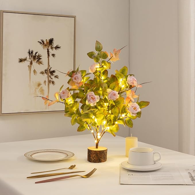 19 Inch Artificial Rose Tree Lights, Faux Silk Flower Tree with Butterfly Ivy, Prelit Tabletop Tree with Timer for Living Room Home Indoor Outdoor Decor (Pink Green)