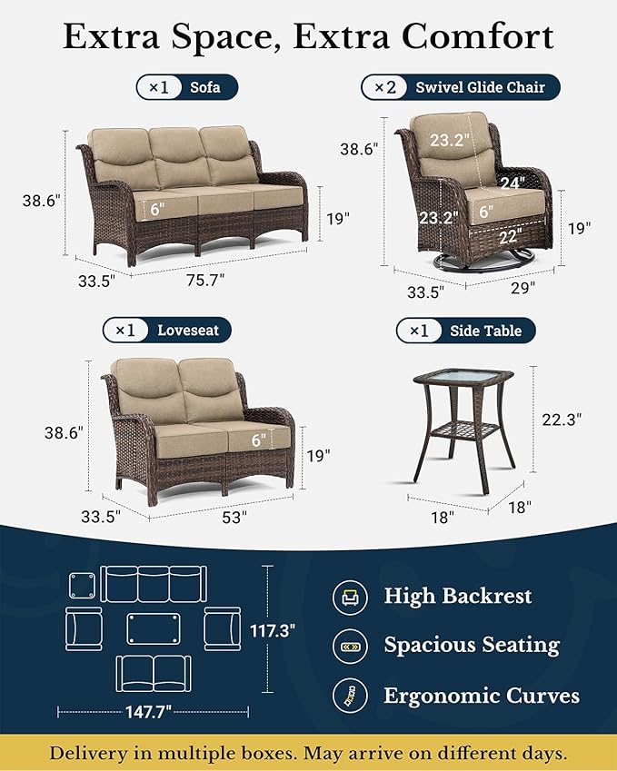 HILLGA Luxury Patio Furniture Set with 6-Inch Thick Cushions, High Back Outdoor Swivel Rocker Chairs Patio Loveseat and Couch, 6-Piece All Weather Conversation Set for Porch Deck Pool Yard, Beige (V3)