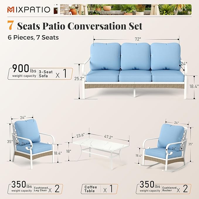 6 Piece Patio Furniture Set, 2 x Fixed Chair, 2 x Rocking Chair, 1 x 3-Seat Sofa with Marbling Coffee Table, All Cushioned 7 Seats Outdoor Conversation Set for Lawn Garden Backyard, Blue