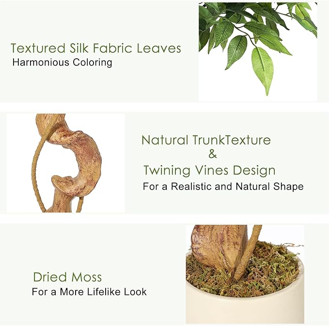 GarveeHome Ficus Artificial Tree with Curved Trunk，6 ft Faux Plant Fake Silk Trees with White Pot, Fake Ficus Tree for Home Decor, Artificial Plants Indoor for Office Living Room