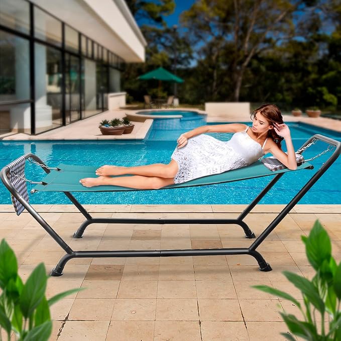 Sorbus Cozy Hammock Bed- Patio Hammock with Stand w/Pillow and Storage Pockets- Heavy Duty 500lbs Support- Durable Outdoor Hammock- For Patio, Garden, Backyard, Poolside- Weather Resistant Outdoor Bed