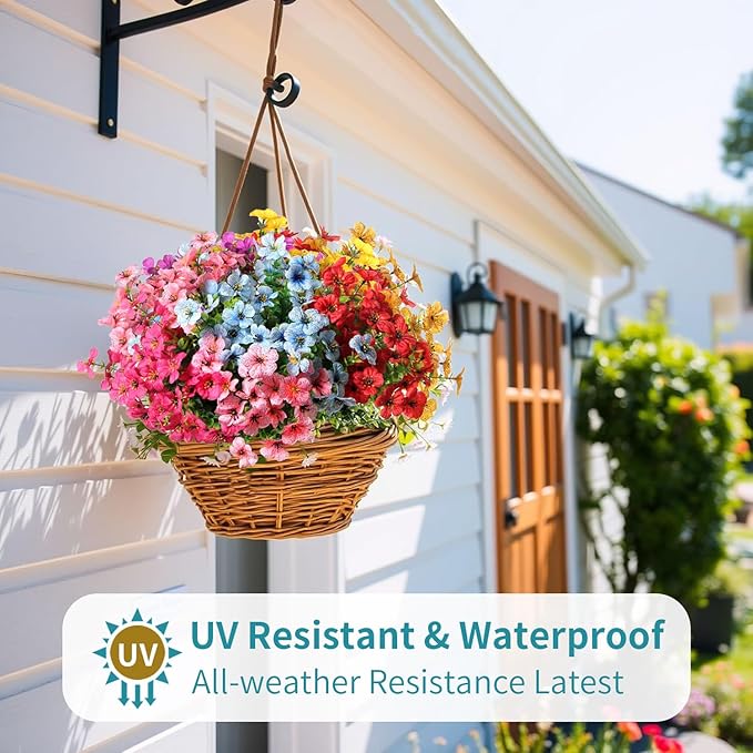 24 Bundles Realistic Artificial Flowers for Outdoors, Fake Flowers UV Resistant, Faux Plants Greenery Beautify Outdoor Hanging Planters Porch Patio Yard Garden Wedding Farmhouse Home Decor