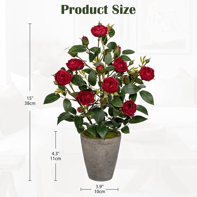 Artificial Flower Plants Camellia Red Roses Faux Potted Plant with Cement Pot Fake Silk Flower Rose Camellias Flower Arrangement Office Home Decor Bathroom Shelf Desk Decoration 15 Inch
