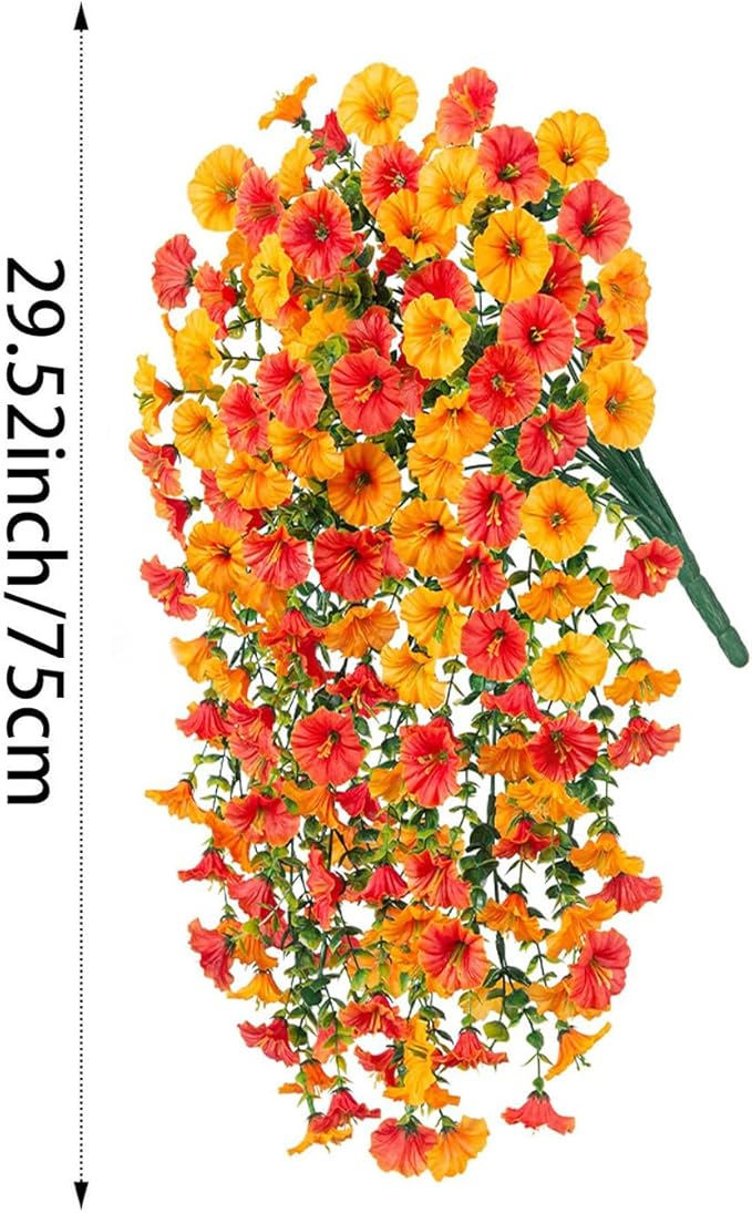 6-Pack Outdoor Faux Plants, 69-Flowered Large Morning Glory, Uv-Resistant Artificial Morning Glory,Perfect for Outdoor Decoration in All Seasons Such as Porches and Gardens (Red + Orange)