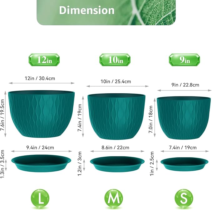 Plant Pots 12/10/9 Inch Pots, Set of 3 Plastic Planters with Drainage Holes and Saucers,Plastic Flower Pots,Nursery Planting Pot for Indoor Out Door Plants（Teal）