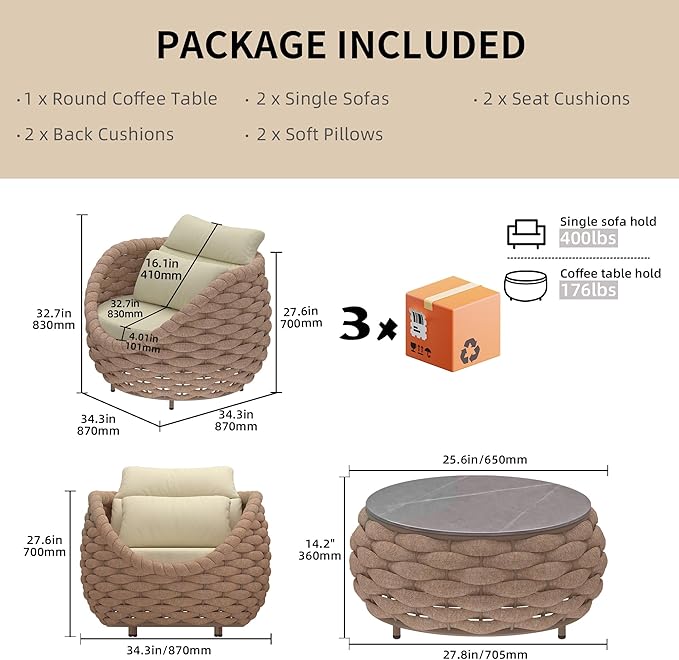TWT 3 Pieces Aluminum Patio Furniture Set Quick Drying Textilene Rope Outdoor Sofa Set w/Washable Cushion and Rock Slab Tabletop, Conversation Furniture for Livingroom Poolside Balcony (Khaki)