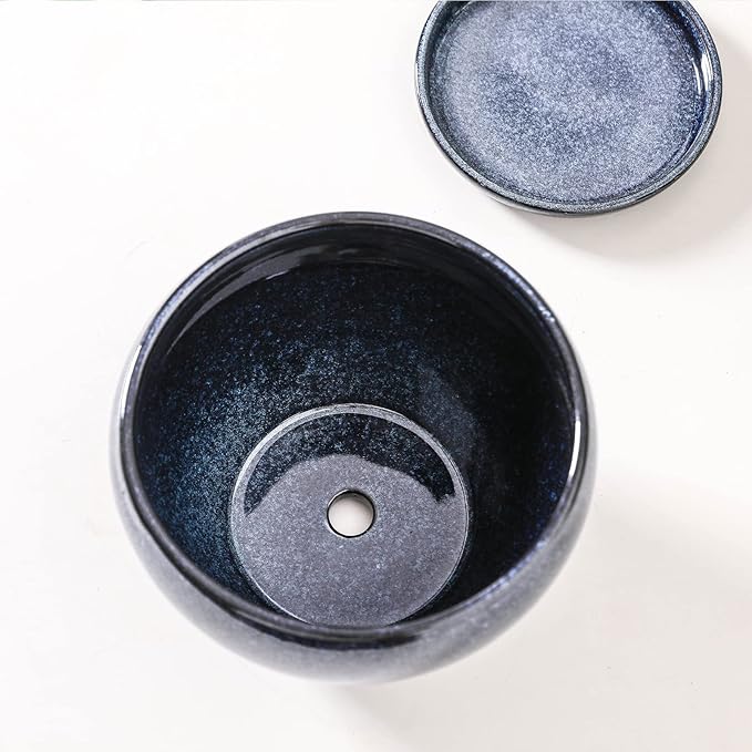 vicrays Ceramic Plant Pots Indoor - 6.5 Inch Planter Pot with Drainage Hole and Saucer for Succulent Orchid Flower Herbs Cactus - Ideal for Gardening Home Desktop Office Decor - Blue