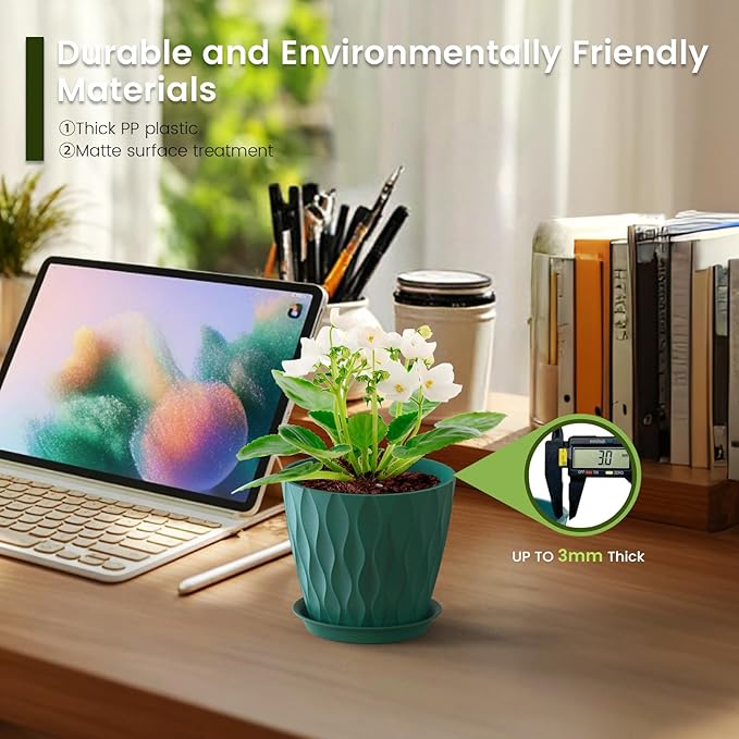 5 inch Plant Pots for Indoor Outdoor Plants, 6 Pack Flower Pots with Drainage Holes and Saucers, 3D Modern Wave Texture Small Plastic Planter Pots for Nursery and House Plants, Blue Green