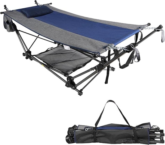 RedSwing Portable Folding Hammock with Stand,Foldable Camping Hammock with Removable Pillow,Storage Net,Foldable Lounge Camping Bed for Adults for Outdoor,Backyard,Beach,Garden,Lawn