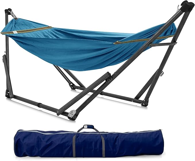 Tranquillo Uniki Hammock Stand 550 lbs Capacity, Portable, Collapsible Outdoor Hammock with Stand, Signature Steel Stand Breathable Canvas Hammock Net, Blue