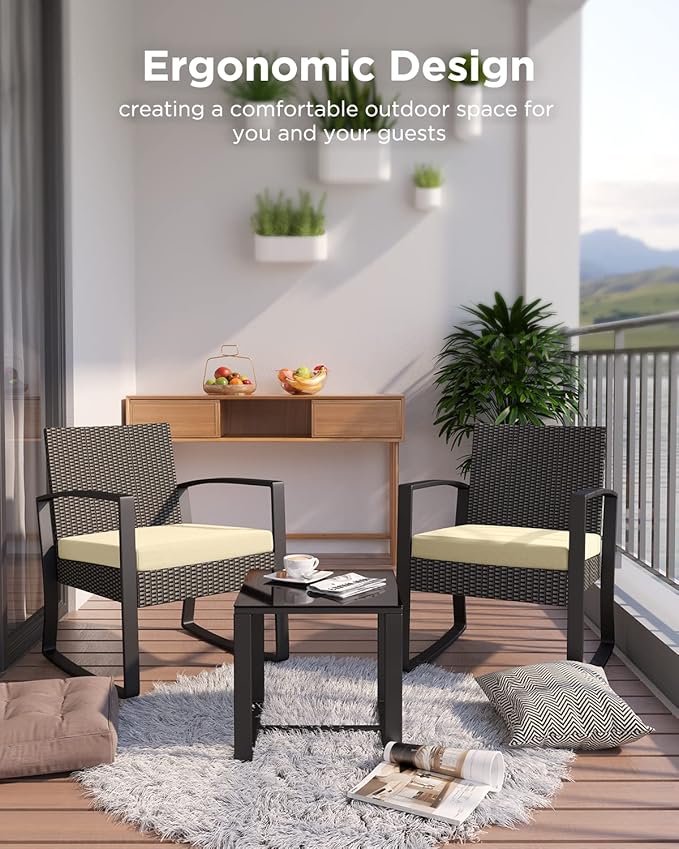 3 Pieces Porch Furniture Set Patio Rocking Bistro Set Outdoor Patio Chairs Rattan Conversation Sets with Coffee Table for Front Porch Garden Balcony Backyard Poolside (Beige Cushion)
