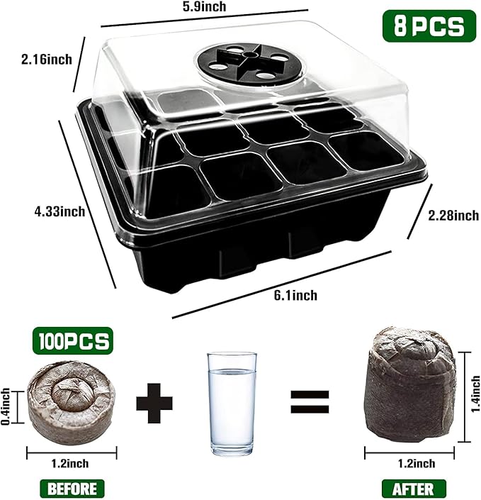 Halatool Seed Starter Kit 8 Pack 96 Cells Black Seed Starter Tray with 100 PCS Peat Pellets for Seedlings Organic Seed Stater Soil Pods for Planting Vegetables Plant, Flowers