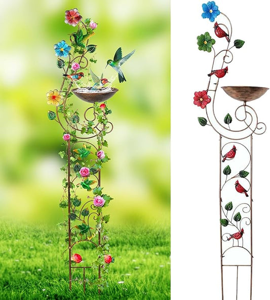 57” Bird Bath with Garden Trellis for Climbing Plants Outdoor, Small Decorative Metal Birdbath Bird Baths (Redbird)