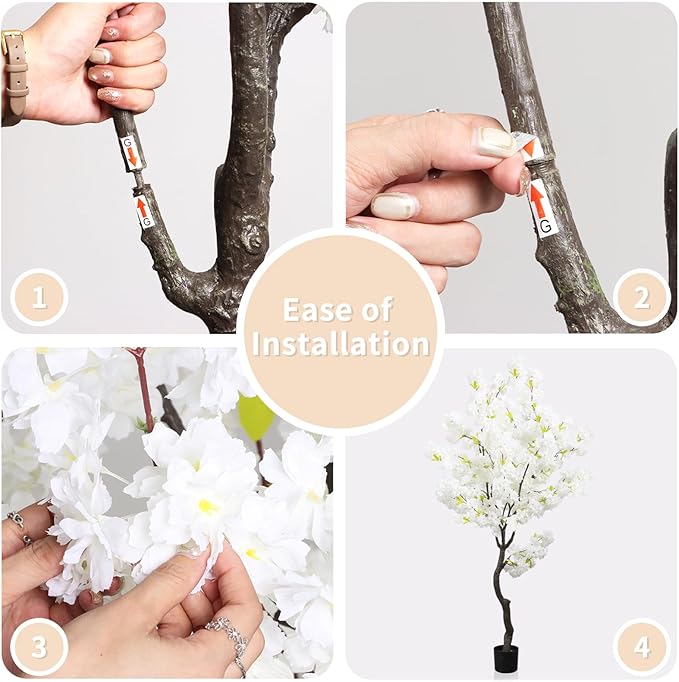 Large Artificial White Cherry Blossom 6ft(72in) Faux Floor Green Plant for Indoor Decor Natural Potted Tree Realistic Cherry Flowers Wood Trunk for Home Living Room,Office Perfect Housewarming Gift