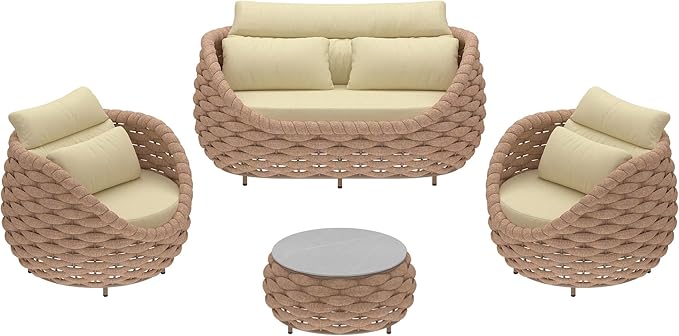 Aluminum Outdoor Patio Furniture Set with Coffee Table, 6 Piece Patio Conversation Sets with Washable Cushions Covers, Patio Sectional Furniture Set for Porch, Balcony, Deck, Yard, Light Brown