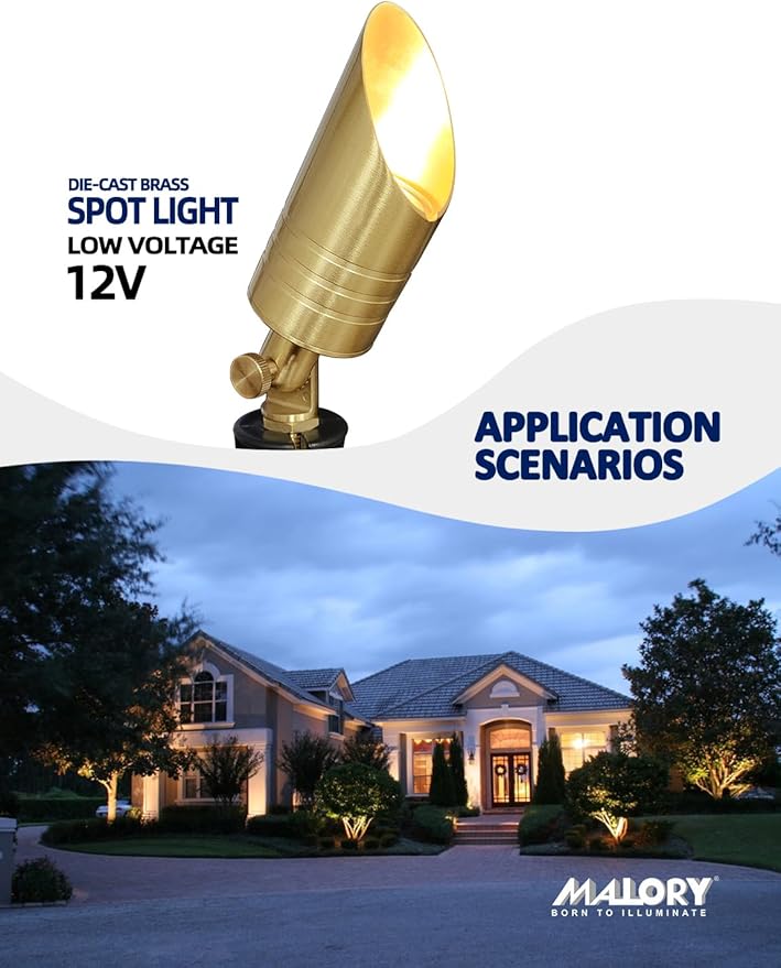 MALORY Brass Landscape Spotlight,12V AC/DC Low Voltage LED Landscape Lighting,Waterproof Spot Up Light for Garden,Patio and Yard (10-Pack with Bulb)