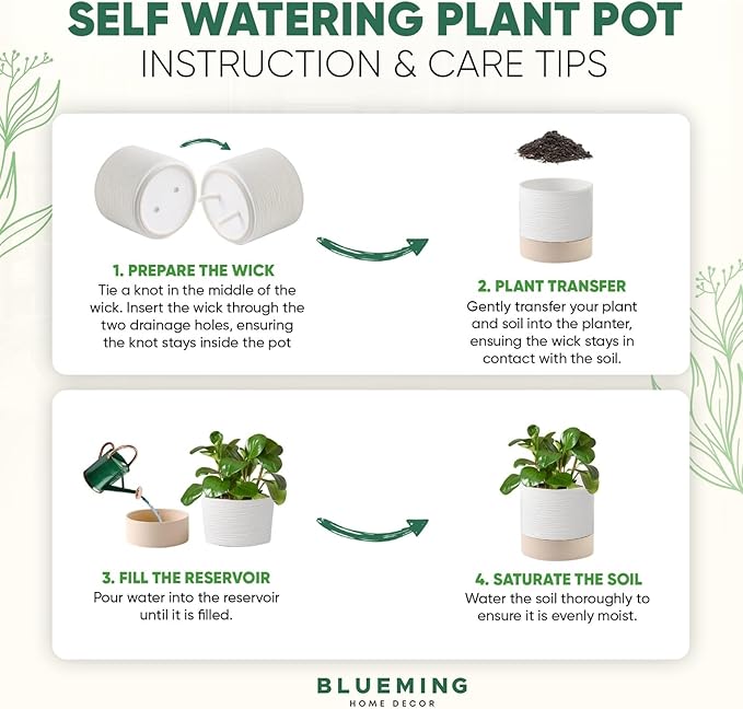 Self Watering Planter – 6 Inch Ceramic Plant Pots for Indoor House Plants with Drainage Hole & Water Storage for Succulents (White & Beige, 7" Tall)