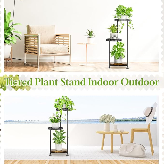 Plant Stand Indoor Outdoor Clearance, 3 Tier Metal Flower Shelf Pot Holder, Tall Multiple Plants Corner Rack Narrow House Orchid Display Organizer for Patio Office Porch Living Room Garden, Black