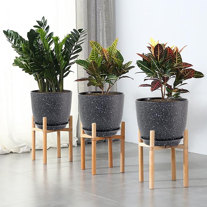 Modern Plant Pots Set, 9/8/7.5 inch Plastic Planters for Indoor Plants, Stylish Flower Pots with Drainage Holes and Saucers for House Plants and Flowers, Black Speckles