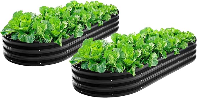2Pcs 12" Tall Black Oval Galvanized Steel Raised Garden Bed - 7x3ft Modular Metal Planter Box for Outdoor Gardening, Durable Metal Raised Flower Beds Outdoor Large Planters for Porch & Yard