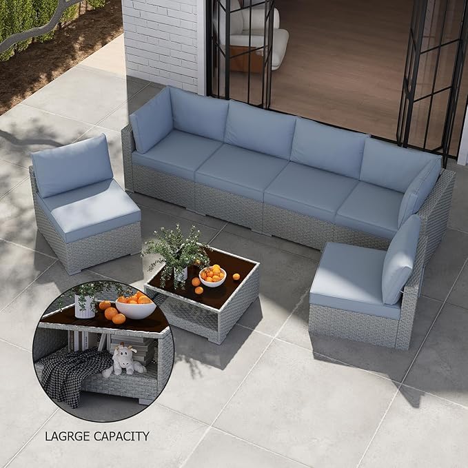 Patio Furniture Set 7-Piece, All-Weather Outdoor Conversation Set Sectional Sofa with Water Resistant Grey Thick Cushions and Coffee Table（Grey）