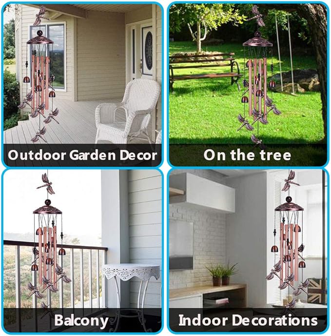 Dragonfly Wind Chimes Outdoor Decor - With 4 Tubes 6 Bells 7 Dragonflies 36" Waterproof Mobile Romantic Wind Catcher Dragonfly Windchimes for Home, Xmas Mom Gifts, Festival, Balcony, Garden Decoration