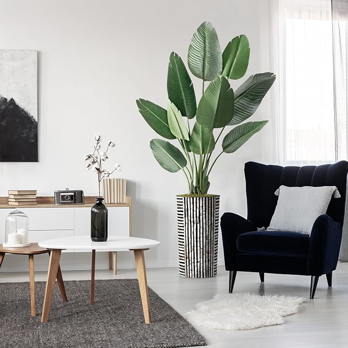 Artificial Tree in Black and Brown Striped Planter, Fake Bird of Paradise Silk Tree for Indoor and Outdoor Home Decoration - 67" Overall Tall (Plant Pot Plus Tree)