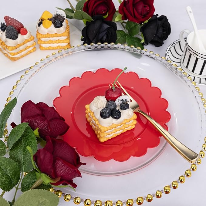 SUT 72Pcs Red Plastic Plates-7.5inch Red Dessert Plates, Red Disposable Plates, Disposable Plates,Fancy Plastic Plates, Heavy Duty Plastic Plates for Wedding & Parties