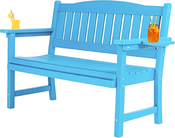 2-Person HIPS Outdoor Bench, Weatherproof Garden Bench with 800 lbs Weight Capacity, Artificial Wood Grains, Never Rot or Fade, Patio Benches for Garden, Porch, Balcony, Backyard,Park, Blue