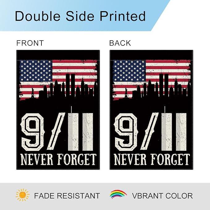DLZDN 911 Never Forget Garden Flag 12×18 Inch Double Sided Vertical Burlap Farmhouse Yard Flag Patriotic Memorial Outdoor Decor