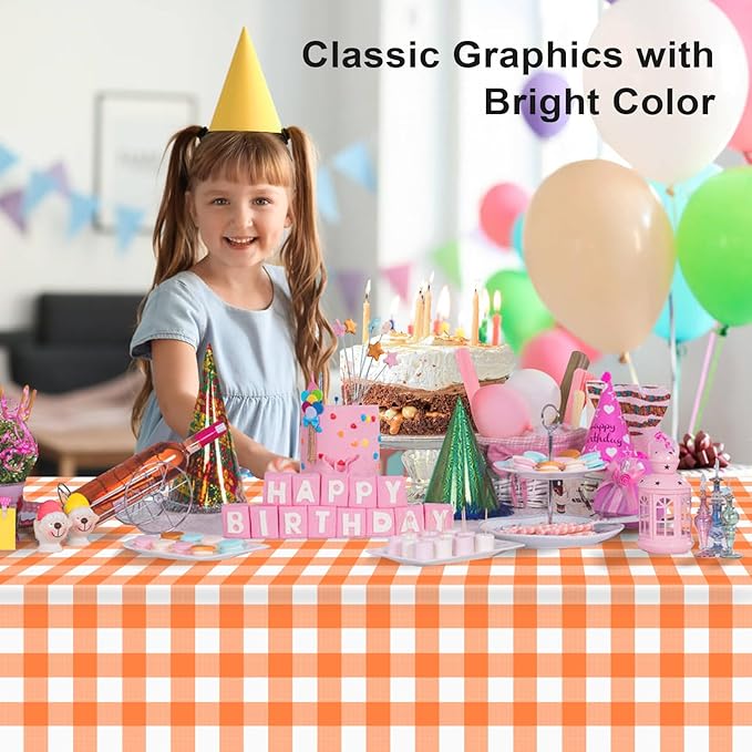6 Pack Orange and White Checkered Tablecloth, Plastic Table Cloths for Parties Disposable, 54x108 in Waterproof Rectangular Gingham Camping Tablecloth for Birthday, Party, Baby Shower