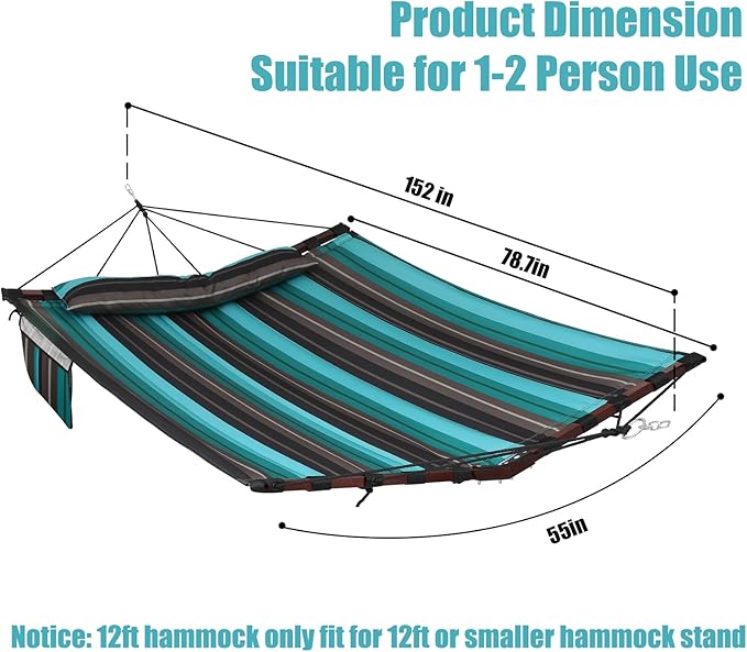 TegerDeger 12FT 2 Person Hammock Large Hammock 450LB Capacity with V Shaped Hardwood Spreader Bar & Nylon Rope for Outside, Patio, Garden, Backyard, Beach, Poolside - Teal Stripes