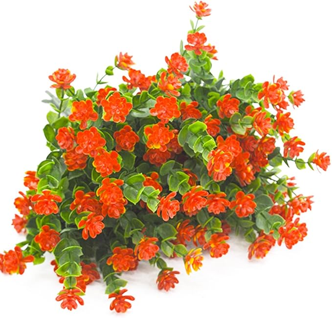 Artificial Flowers, Fake Outdoor UV Resistant Plants Faux Plastic Greenery Shrubs Indoor Outside Hanging Planter Home Kitchen Office Wedding, Garden Decor (Orange Red)