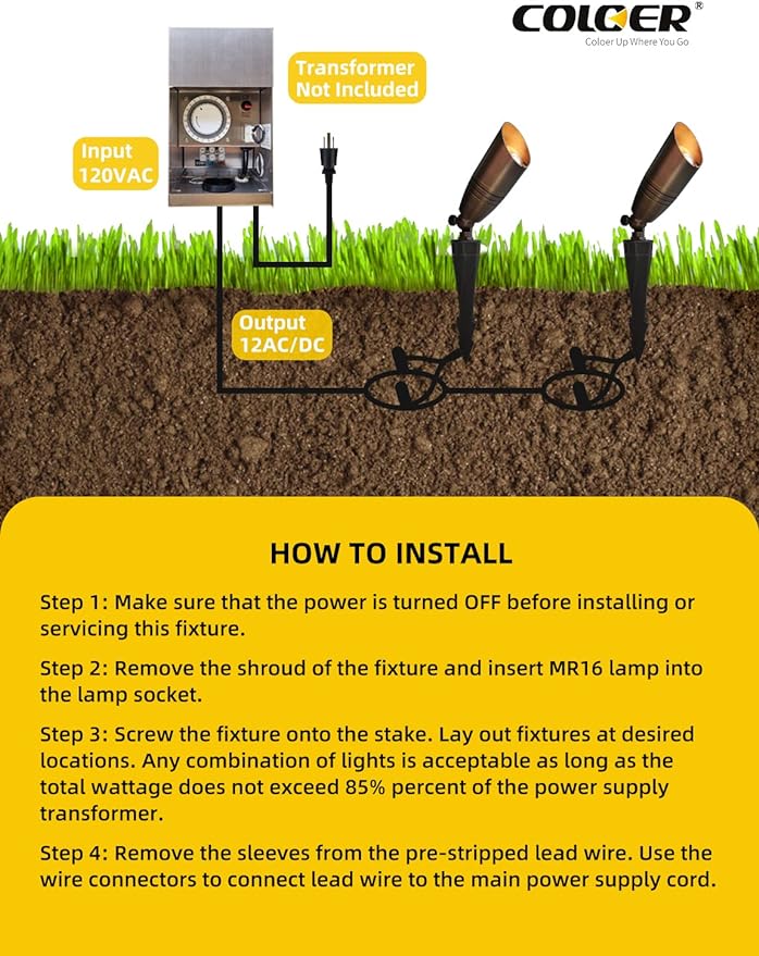 COLOER Die-cast Brass Landscape Spotlights Outdoor with 5W Aluminum Housing LED MR16 Bulb 2700K 450LM,12V AC/DC Low Voltage Lighting, Outdoor Directional Up Light, Spot Lights for Yard(102B,1 Pack)