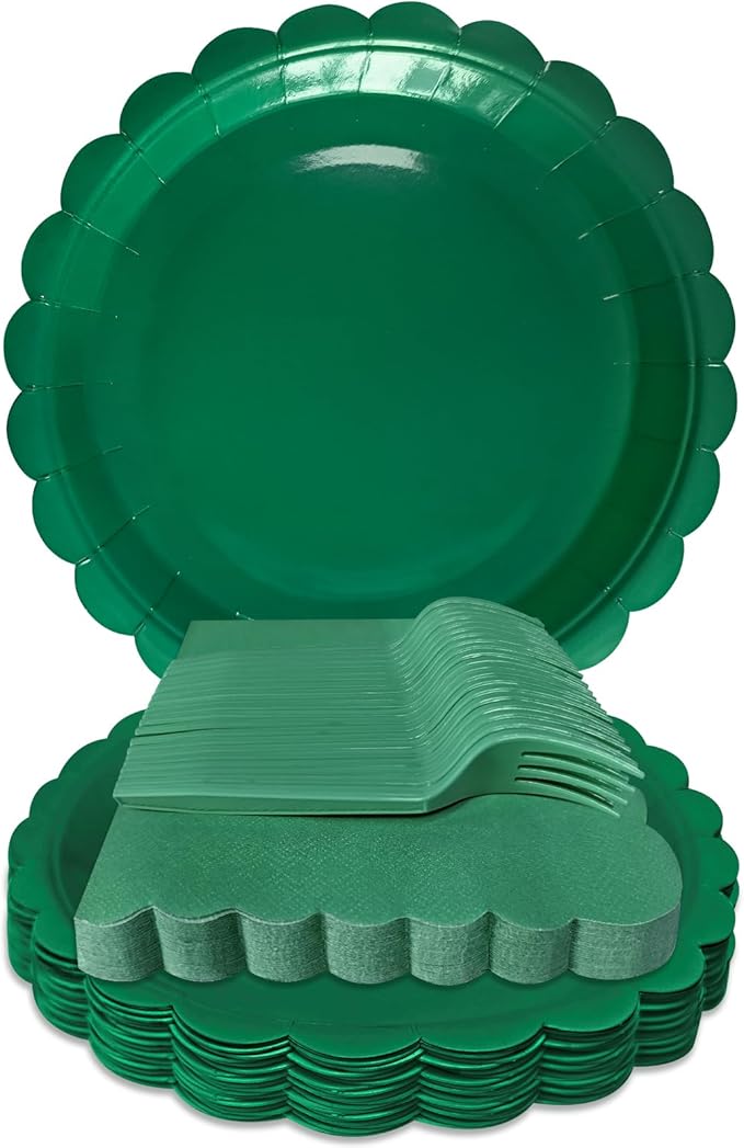 Dark Green Paper Plates and Napkins,7 Inch Dark Green Scalloped Disposable Dessert Plates Paper Napkin Fork Party Supplies for Wedding Baby Shower Birthday(25 Guest)