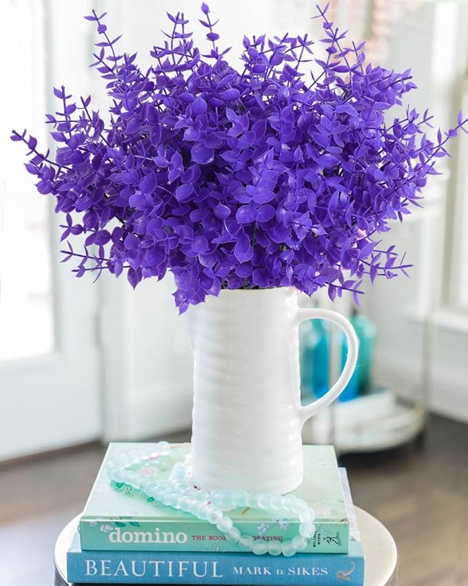 RECUTMS Artificial Plants Outdoor Artificial Ferns for Outdoors Purple Plants Outside Plastic Flowers for Outdoors Purple Outdoor Artificial Boxwood Fake Plants for Window Box(Pure Purple Eucalyptus)