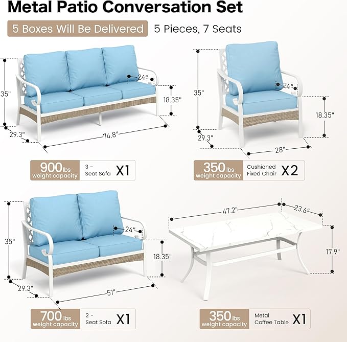 6 Piece Metal Outdoor Patio Furniture Set, Patio Conversation Sets 3-Seater Sofa, 2 Fixed Chair, 2 Swivel Chair with 5.75" Thick Cushion & Coffee Table White Backyard Furniture, Blue