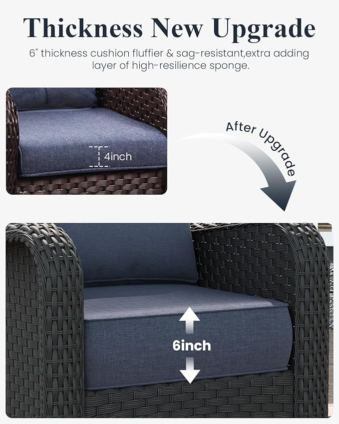 LayinSun 3 Piece Wicker Outdoor Furniture Set with 6-inch Comfy Cushions, High Back Patio Furniture Set with Swivel Rocking Chairs and Side Table