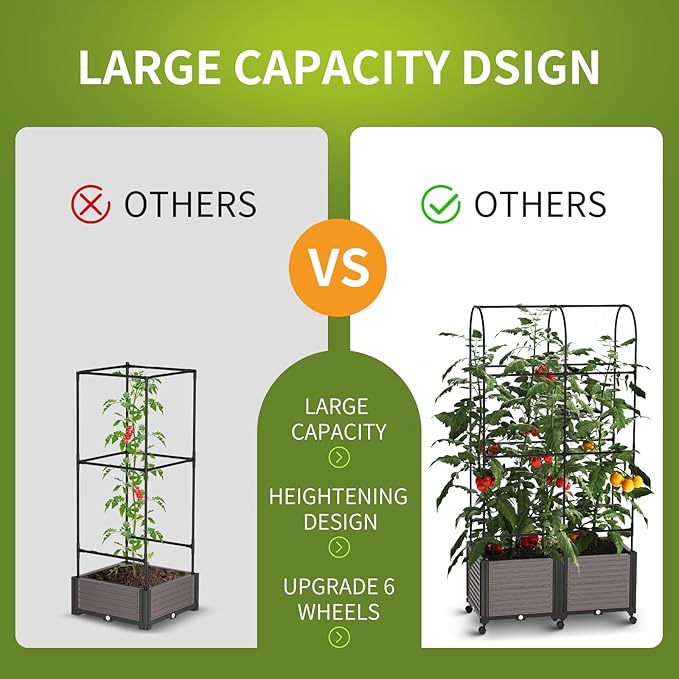 Raised Garden Bed Planter Box with Trellis, 72.8'' Tomato Planters for Climbing Plants Vegetable Vine Flowers Outdoor Patio Tomato Cage, Self Watering Planter with Wheels