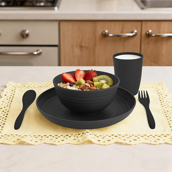 Wheat Straw Dinnerware Sets, Unbreakable Plates and Bowls Sets 20-Piece Service for 4，Plastic Outdoor Camping Dishes, Microwave & Dishwasher Safe - Black